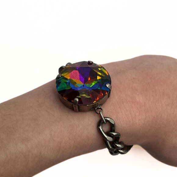 Handcrafted Large Rainbow Swarovski Crystal Dark Silver Chunky Chain Bracelet - Picture 10 of 13